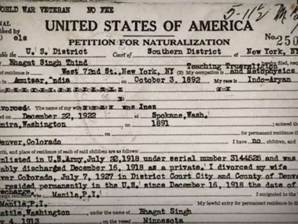 Bhagat Singh Thind Petition for Naturalization